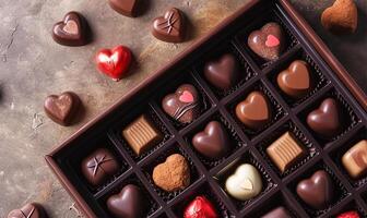 ai generato dolce cioccolato cuore scatola su un' tavolo foto