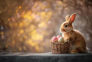 ai generato Pasqua coniglietto con un' colorato cestino di uova foto