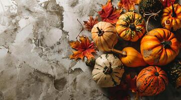 ai generato autunno schiacciare e le foglie flatlay per ringraziamento foto