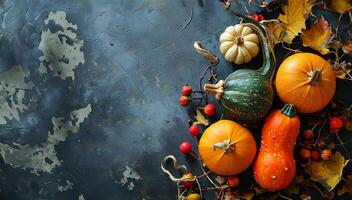 ai generato autunno schiacciare e le foglie flatlay per ringraziamento foto