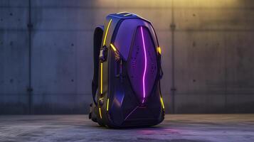 ai generato un' futuristico donna di Borsa disegno, elegante e innovativo forma, primario colori viola e giallo. metallico accenti, olografico trame, neon illuminazione effetti. foto