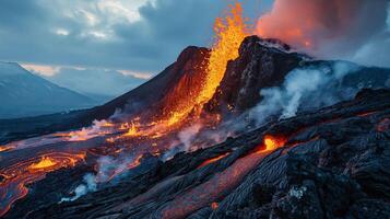 ai generato apocalittico visione di un' vulcano eruzione foto