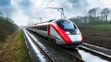 ai generato alta velocità treno su il alta velocità ferrovia. 3d rendere foto