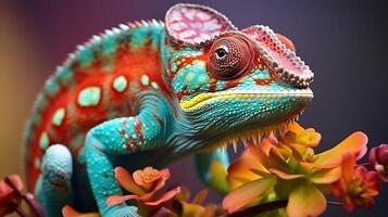 ai generato avvicinamento di un' colorato camaleonte su un' pianta. foto