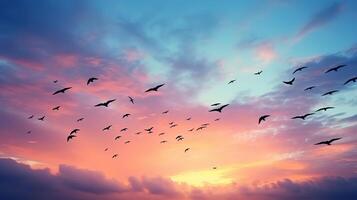 ai generato silhouette di volante gabbiani a tramonto cielo sfondo foto