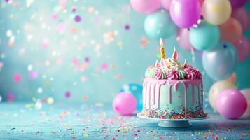 ai generato compleanno unicorno torta con condisce, palloncini, coriandoli su minimalista vivido sfondo con copia spazio foto