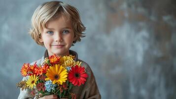 ai generato ragazzo con fiore mazzo su minimalista sfondo con copia spazio foto