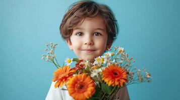 ai generato ragazzo con fiore mazzo su minimalista sfondo con copia spazio foto