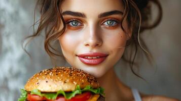 ai generato avvicinamento ritratto di bellissimo giovane brunetta donna con grande hamburger foto