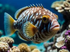 ai generato avvicinamento di bellissimo colorato pesce nel il oceano, animale sfondo, puffer pesce, acquario foto