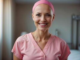 ai generato bellissimo donna con cancro sorridente, vestito nel rosa con rosa sciarpa su testa, nel ospedale camera, mondo cancro giorno foto