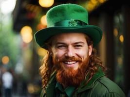 ai generato ritratto di Zenzero uomo con arancia barba nel st. Patrick verde costume, festivo moda sfondo foto