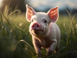 ai generato carino poco bambino maialino giocando nel verde campo, animale sfondo foto