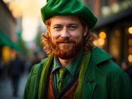 ai generato ritratto di Zenzero uomo con arancia barba nel st. Patrick verde costume, festivo moda sfondo foto