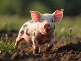 ai generato carino poco bambino maialino giocando nel verde campo, animale sfondo foto