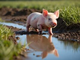 ai generato carino poco bambino maialino giocando nel verde campo, animale sfondo foto