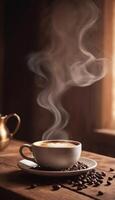 ai generato tazza di caffè con vapore su un' di legno tavolo foto