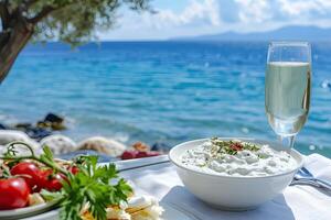 ai generato vicino su Visualizza di tzatziki su greco tavolo, mare nel sfondo. foto