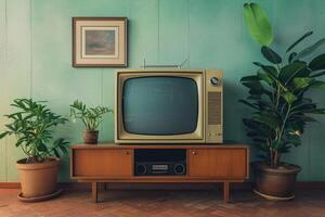 ai generato Vintage ▾ tv contro retrò parete. foto