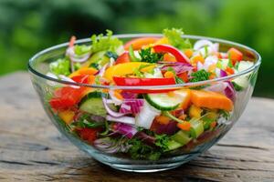 ai generato misto verdura insalata nel chiaro bicchiere ciotola foto