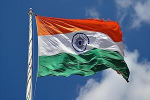 ai generato indiano bandiera agitando su blu cielo sfondo foto