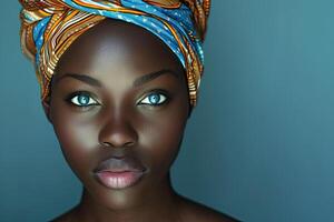 ai generato ritratto di bellissimo africano donna con turbante e blu occhi foto