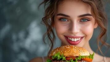 ai generato avvicinamento ritratto di bellissimo giovane brunetta donna con grande hamburger foto