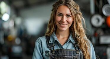 ai generato femmina auto meccanico Tenere sua tavoletta, contento e sorridente foto