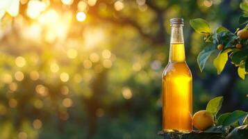 ai generato limoncello bottiglia su estate sfocato bokeh sfondo foto