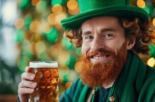 ai generato uomo potabile birra a partire dal st Patrick giorno cartello, foto