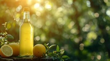 ai generato limoncello bottiglia su estate sfocato bokeh sfondo foto