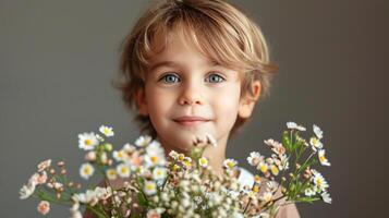 ai generato poco ragazzo con fiore mazzo su minimalista sfondo con copia spazio foto