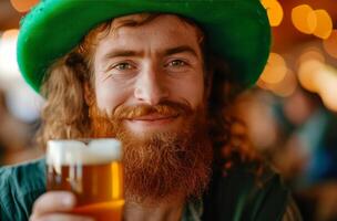 ai generato uomo potabile birra a partire dal st Patrick giorno cartello, foto