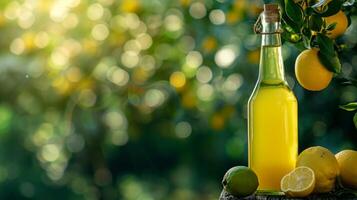 ai generato limoncello bottiglia su estate sfocato bokeh sfondo foto