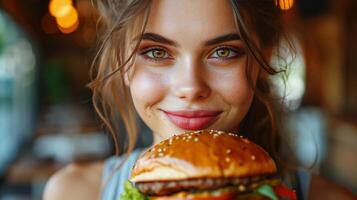 ai generato avvicinamento ritratto di bellissimo giovane brunetta donna con grande hamburger foto
