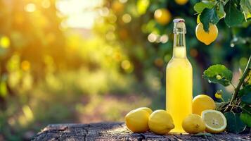 ai generato limoncello bottiglia su estate sfocato bokeh sfondo foto