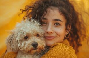 ai generato giovane donna sorridente mentre Tenere un' ragazza con un' cane isolato su oro sfondo foto