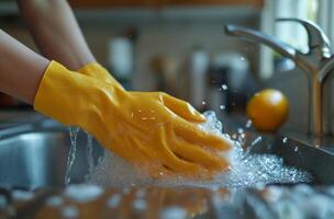 ai generato donna lavaggio su con gomma da cancellare guanti nel cucina Lavello liquidi foto