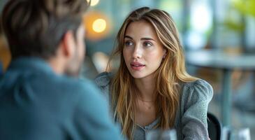 ai generato donna parlando per uomo a il incontro foto