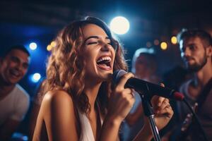 ai generato un' gruppo di amici cantando nel un' bar foto