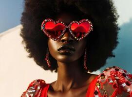 ai generato nero donne con lungo afro indossare rosso cuore sagomato occhiali da sole foto
