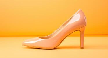 ai generato alto tacco rosa alto tacco scarpe su beige con rosa fiori su un arancia sfondo foto