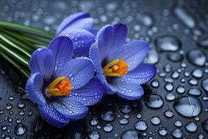 ai generato primavera fiori di blu crochi nel gocce di acqua su il sfondo di brani di pioggia gocce. foto