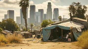 ai generato profugo campo riparo per senza casa nel davanti di los angeles città orizzonte foto