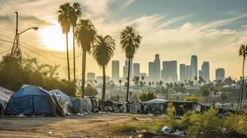 ai generato profugo campo riparo per senza casa nel davanti di los angeles città orizzonte foto