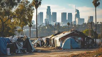 ai generato profugo campo riparo per senza casa nel davanti di los angeles città orizzonte foto