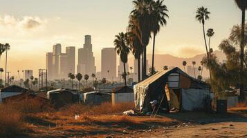 ai generato profugo campo riparo per senza casa nel davanti di los angeles città orizzonte foto