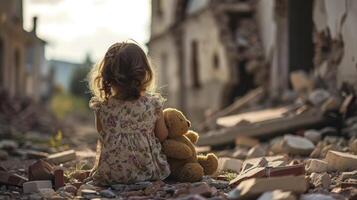 ai generato irriconoscibile ragazzo influenzato di guerra, bambino con orsacchiotto orso solo nel il mezzo di terremoto o bomba esplosione distruzione, triste poco ragazzo nel distrutto città con un' giocattolo foto