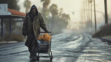 ai generato disperato senza casa uomo trasporta shopping carrello con il suo effetti personali foto