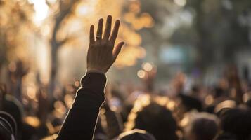 ai generato mano raccolta con sfocatura folla le persone, discutere suggerimento concetti o voto nel consiglio incontro cooperazione di democrazia. foto